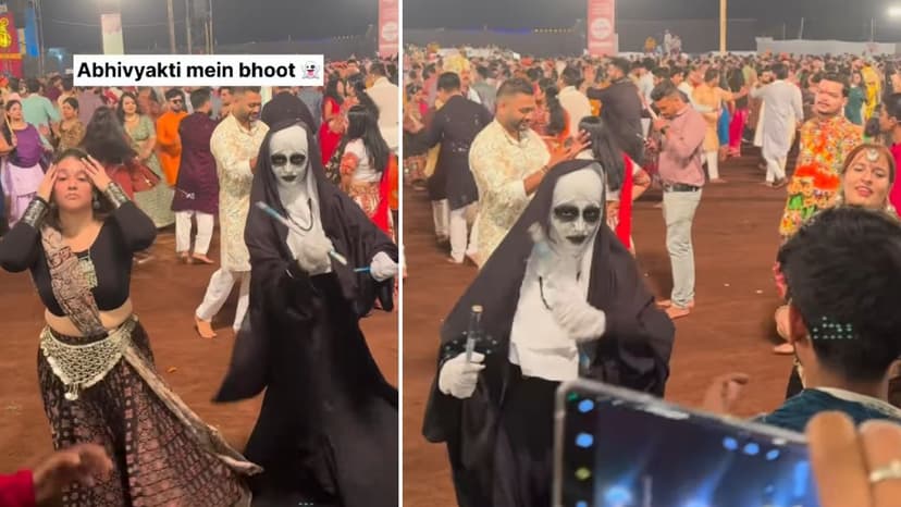 Nun's Stern Expression Captivates Bhopal's Garba Celebration