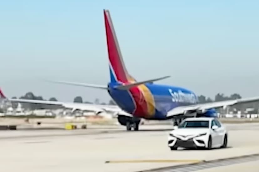 Car Speeds Past Planes on Airport Taxiway