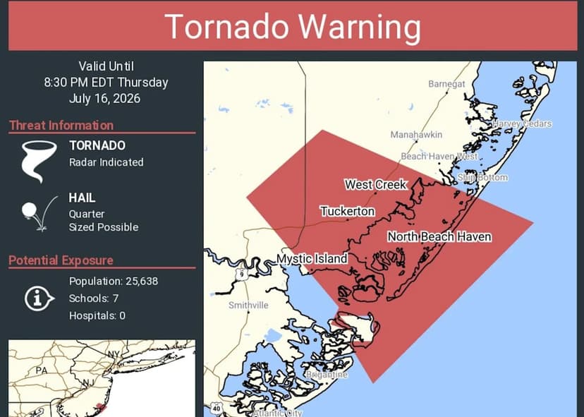 Tornado Warning Issued for Ocean County Coast