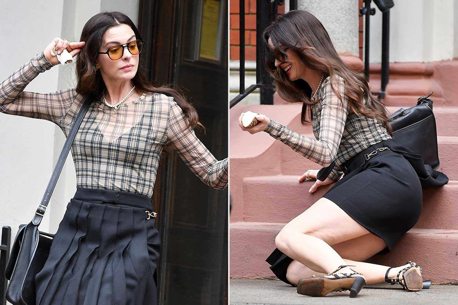Anne Hathaway Stumbles on The Devil Wears Prada 2 Set, Bounces Back