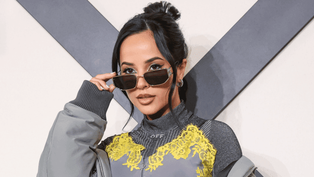 Becky G Dazzles in Lacy Yellow Micro-Dress at PFW