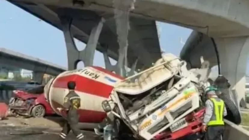 Cement Truck Plunges Off Flyover in Thailand