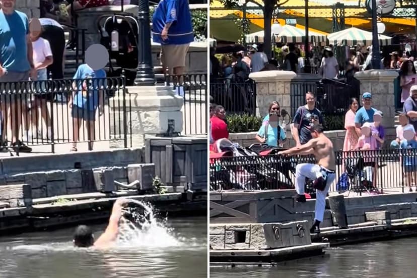 Shirtless Cast Member Dives Into Disneyland River