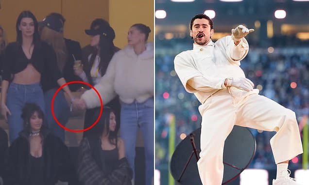 Hailey comforts Kendall during Bad Bunny's Super Bowl set