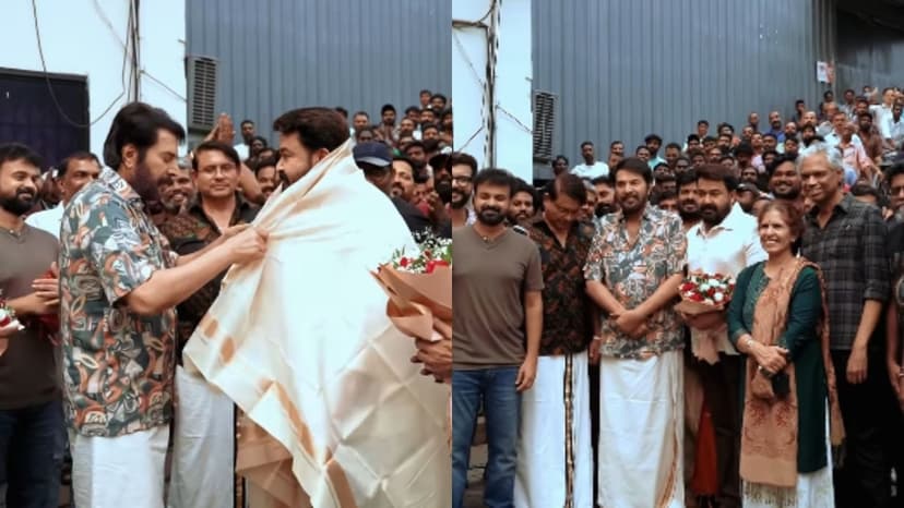 Mammootty Celebrates Mohanlal's Phalke Award On Patriot Set