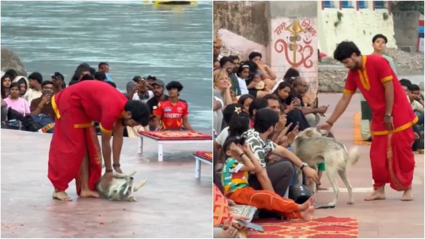 Compassion in Rishikesh: Priest Embraces Stray Dog at Ganga Aarti