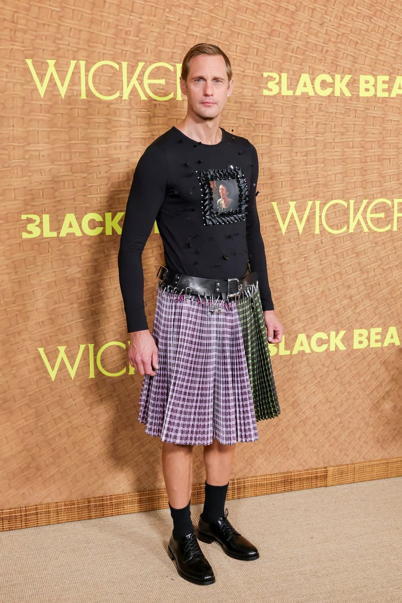 Skarsgård's Bold Fashion: Kilt, Colman Tee & Clear Shoes